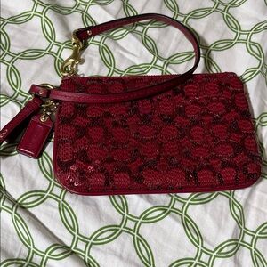 Coach Red Sequin Wristlet with Gold Hardware